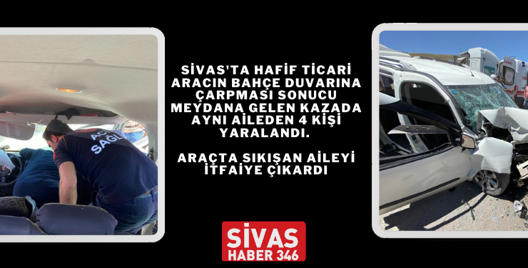 Hafif Ticari Araç Bahçe Duvarına Çarptı, 4 Kişi Araçta Sıkıştı