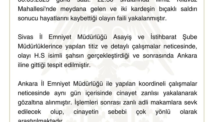 Sivas’ta İki Kardeşin Ölümüne Neden Olan Cinayet Zanlısı Yakalandı