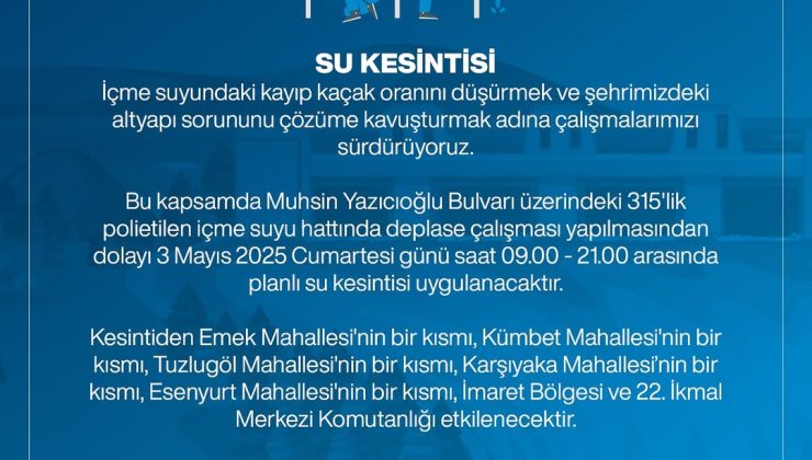 Sivas’ta Yarın Planlı Su Kesintisi Yapılacak