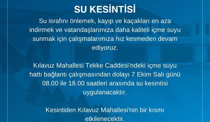 Sivas’ta Kılavuz Mahallesi’nde Su Kesintisi Yaşanacak