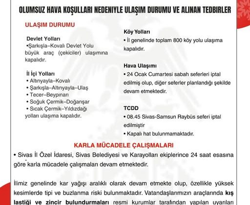 Sivas Valiliği’nden Ulaşım ve Karla Mücadele Açıklaması