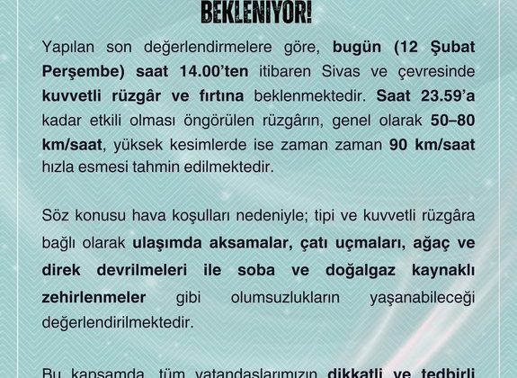 Sivas’a Fırtına Uyarısı: Rüzgâr 90 Km/Saate Ulaşabilir