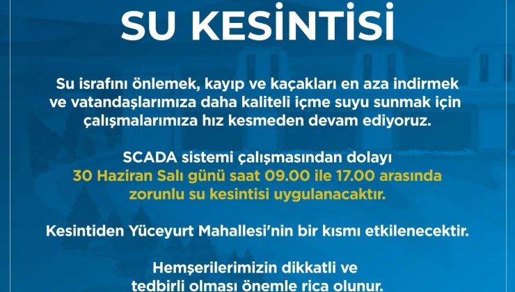 Sivas’ta Su Kesintisi Uyarısı: Yüceyurt Mahallesi’nin Bir Kısmı Etkilenecek